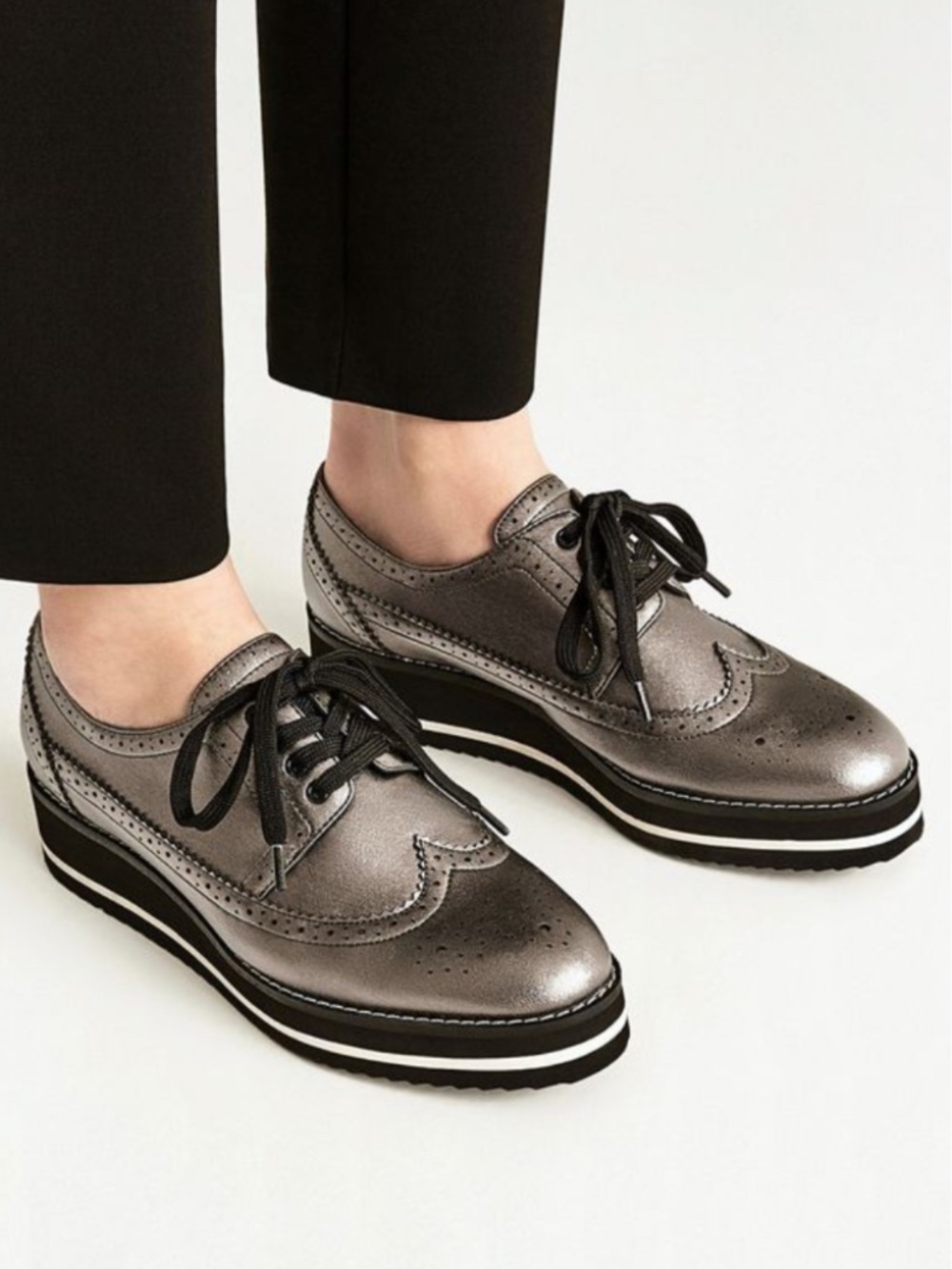 Zara Metallic Oxford Platform Shoes Size 38